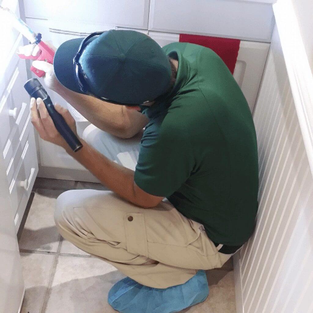 tech in green shirt crouching in a kitchen with a flashlight look for bugs in cabinets
